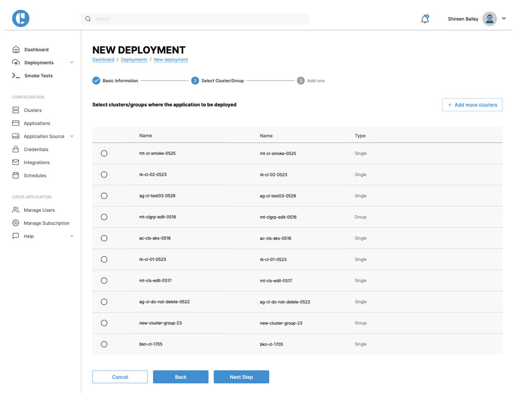 CAEPE app - deployment list