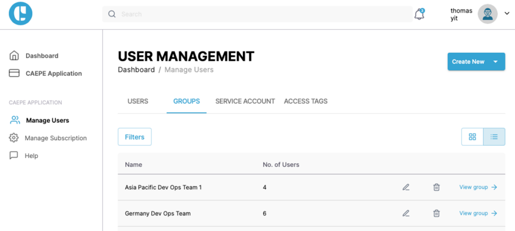 CAEPE app - user management groups